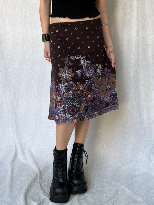 Vintage 00s Boho Brown Graphic Midi Skirt (M/L)