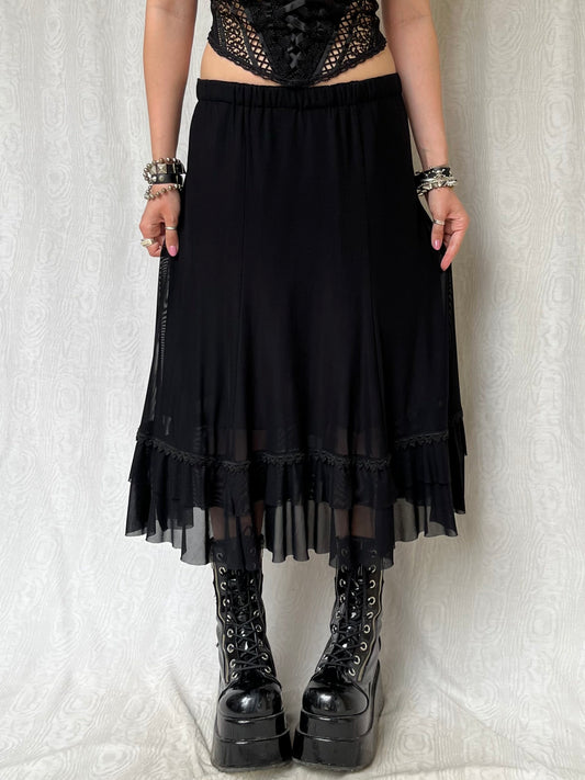 Vintage 90s Goth Black Midi Skirt (S)