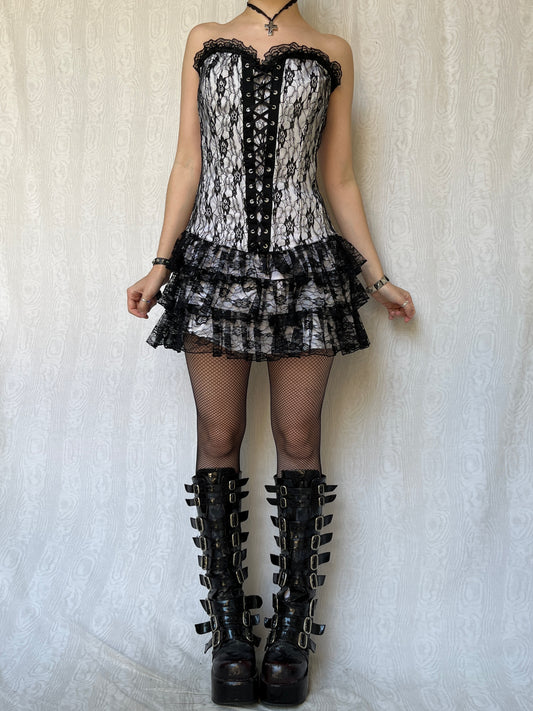 Vintage 00s Romantic Goth Lace Mini Dress (M)