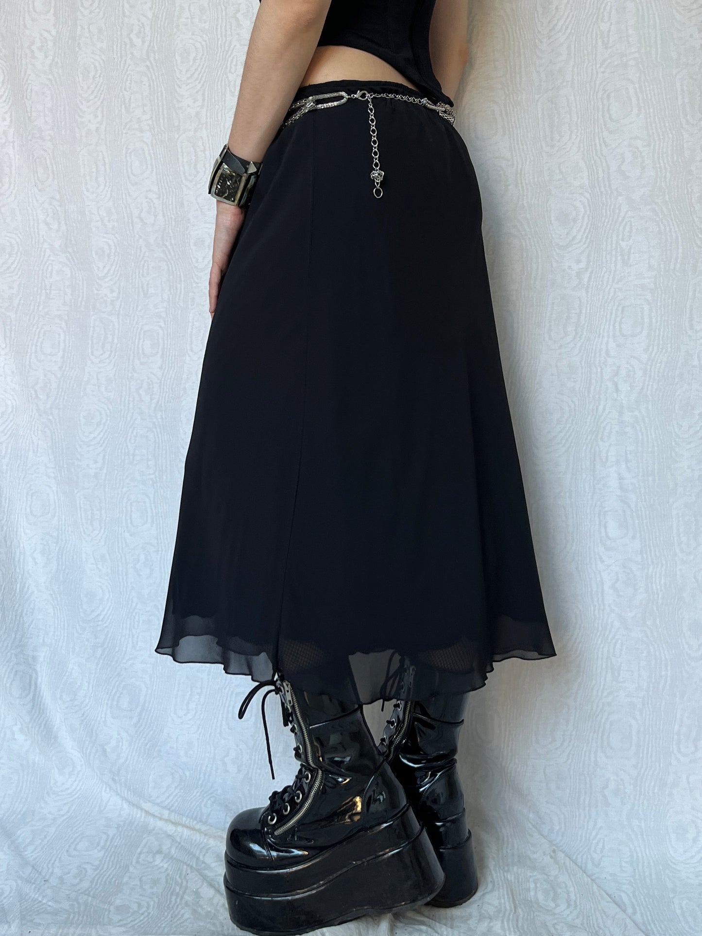 Vintage 00s Gothic Mesh Black Midi Skirt (M)