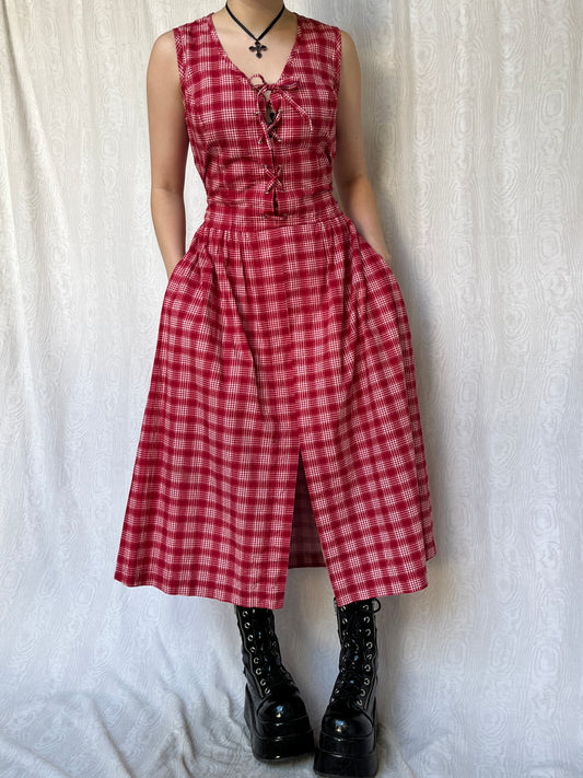 Vintage 00s Cottage Plaid Red Maxi Dress (S-L)