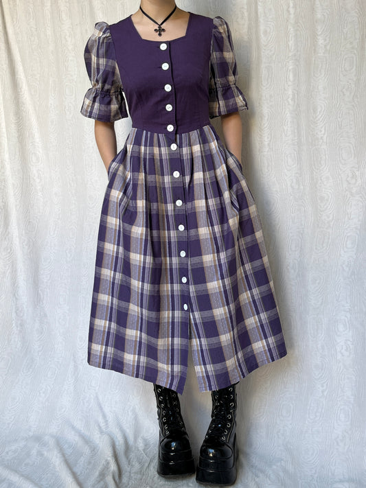 Vintage 00s Cottage Purple Plaid Maxi Dress (L)