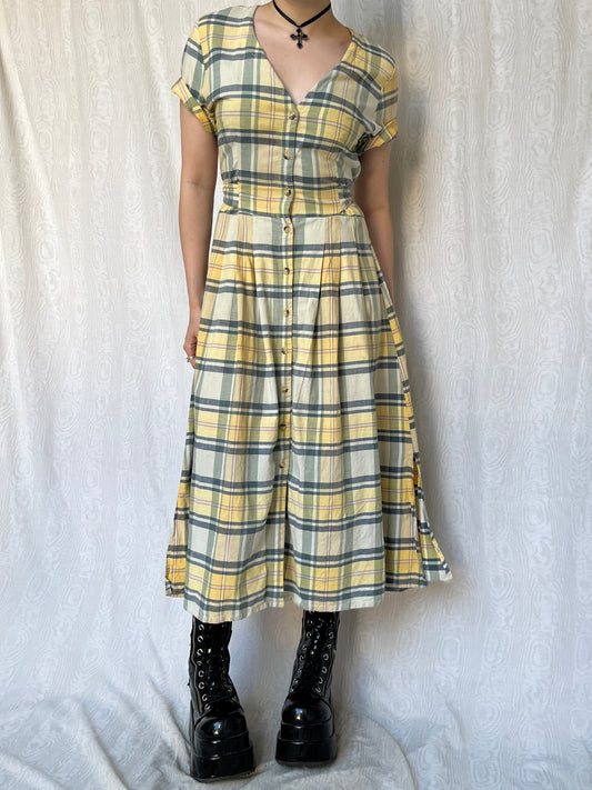 Vintage 90s Cottage Yellow Plaid Maxi Dress (S/M)