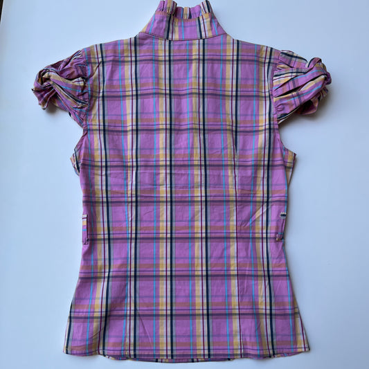 Vintage 00s Coquette Pink Plaid Fitted Blouse (XS)