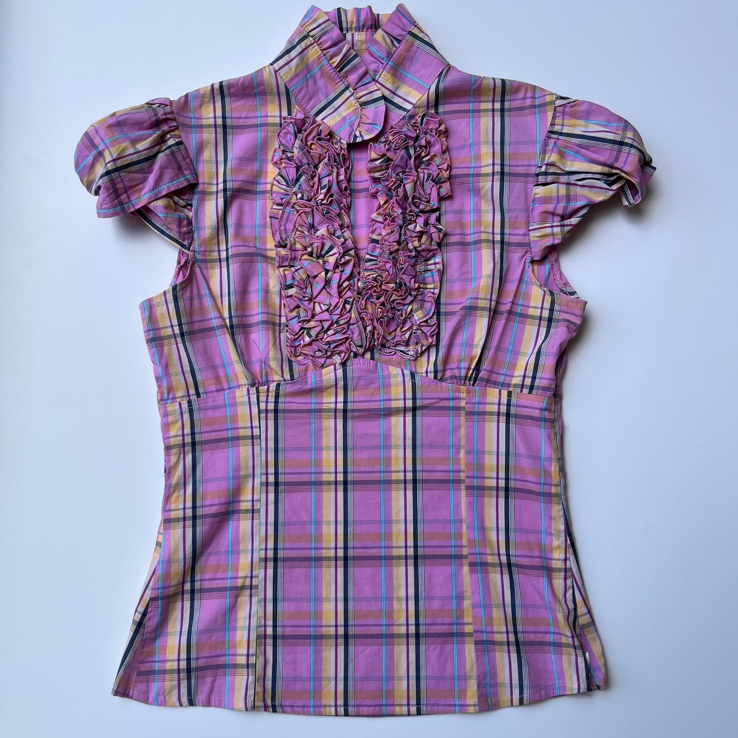 Vintage 00s Coquette Pink Plaid Fitted Blouse (XS)