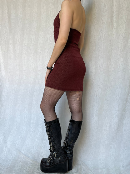 Vintage 00s Clubwear Glittery Red Mini Halter Dress (S)