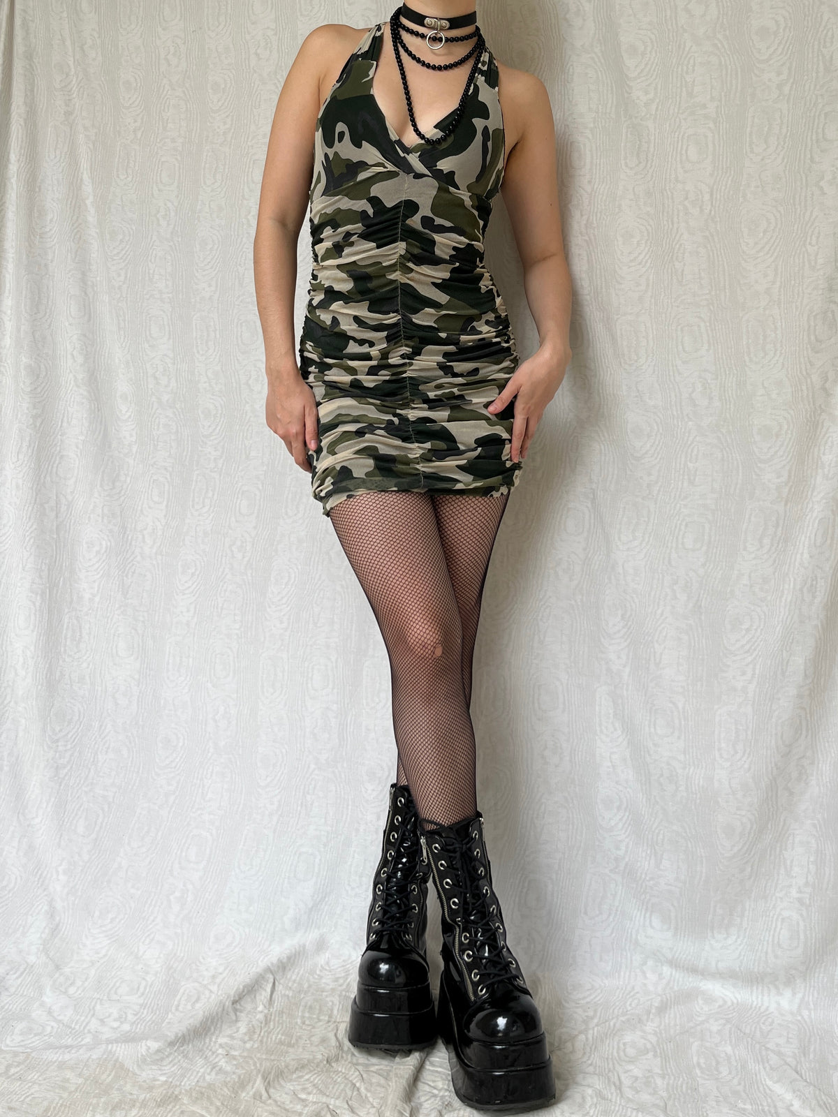 Vintage 00s Sleaze Clubwear Army Print Mini Dress (S)