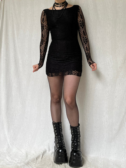 Vintage Romantic Goth Black Overlay Lace Dress (S)