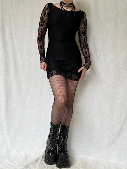 Vintage Romantic Goth Black Overlay Lace Dress (S)
