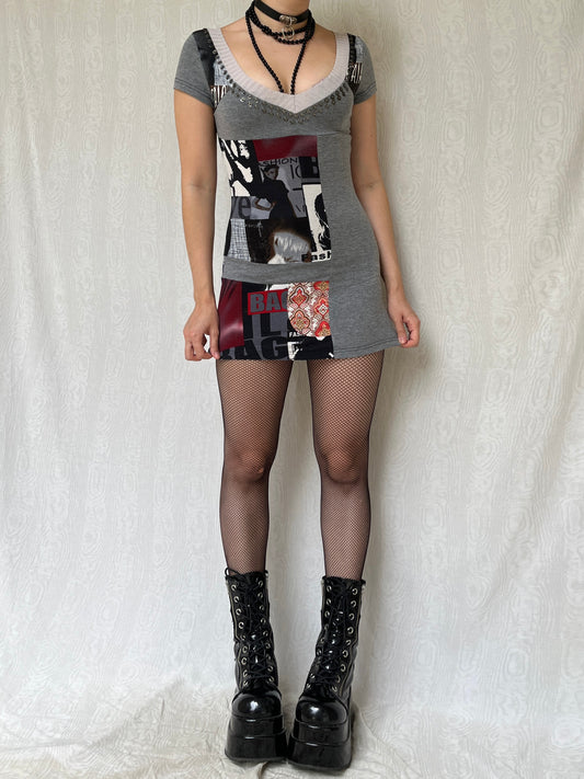 Vintage 00s Indie Sleaze Graphic Patch Mini Dress (S)