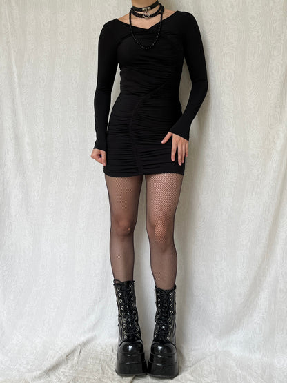 Vintage 00s Grunge Clubwear Black Ruched Long Sleeve Dress (S)