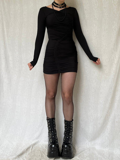 Vintage 00s Grunge Clubwear Black Ruched Long Sleeve Dress (S)