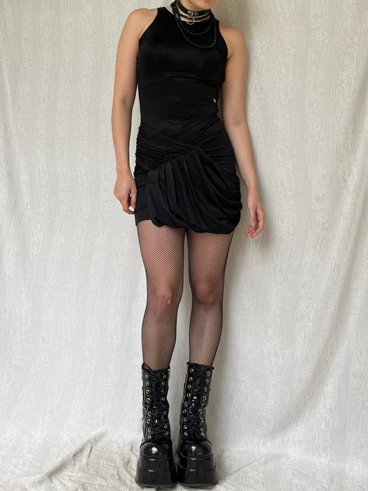 Vintage 00s Gothic Black Halter Mini Dress w Draped Details (S)
