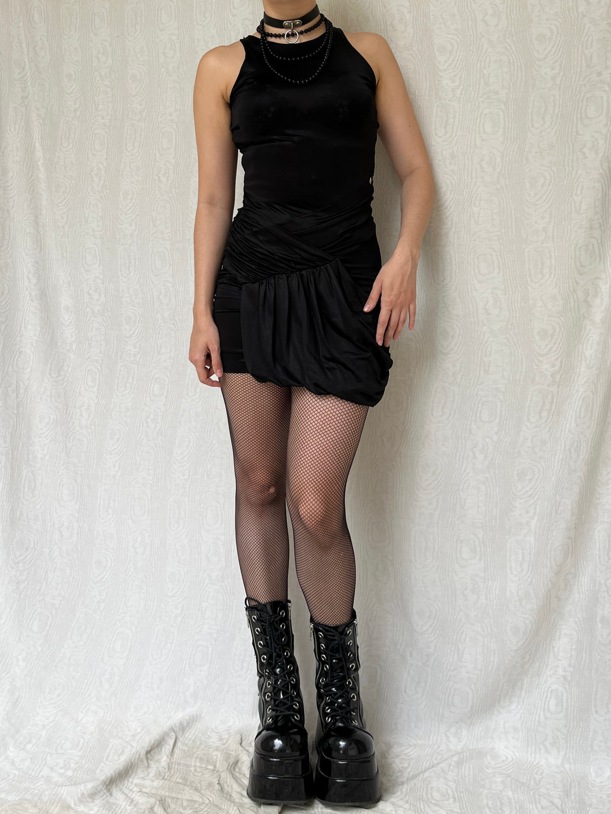 Vintage 00s Gothic Black Halter Mini Dress w Draped Details (S)
