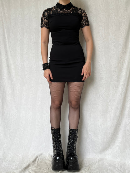 Vintage 00s Gothic Preppy Black Lace Collar Mini Dress (S)