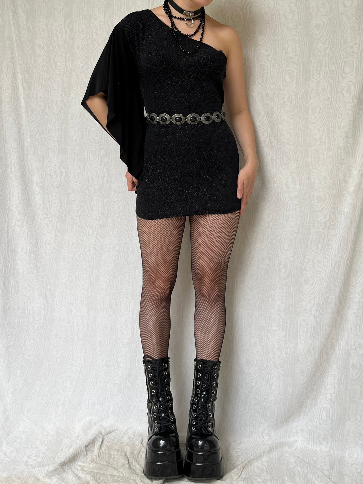 Vintage 00s Sleaze Clubwear One Shoulder Black Glittery Mini Dress (S)