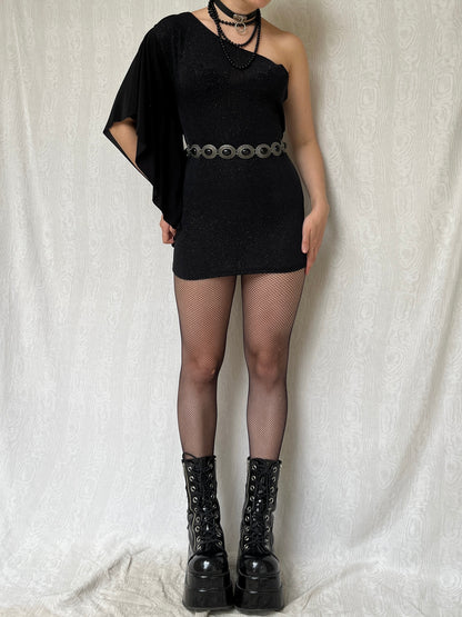 Vintage 00s Sleaze Clubwear One Shoulder Black Glittery Mini Dress (S)