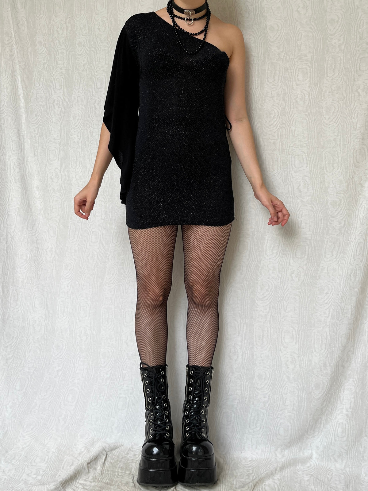 Vintage 00s Sleaze Clubwear One Shoulder Black Glittery Mini Dress (S)