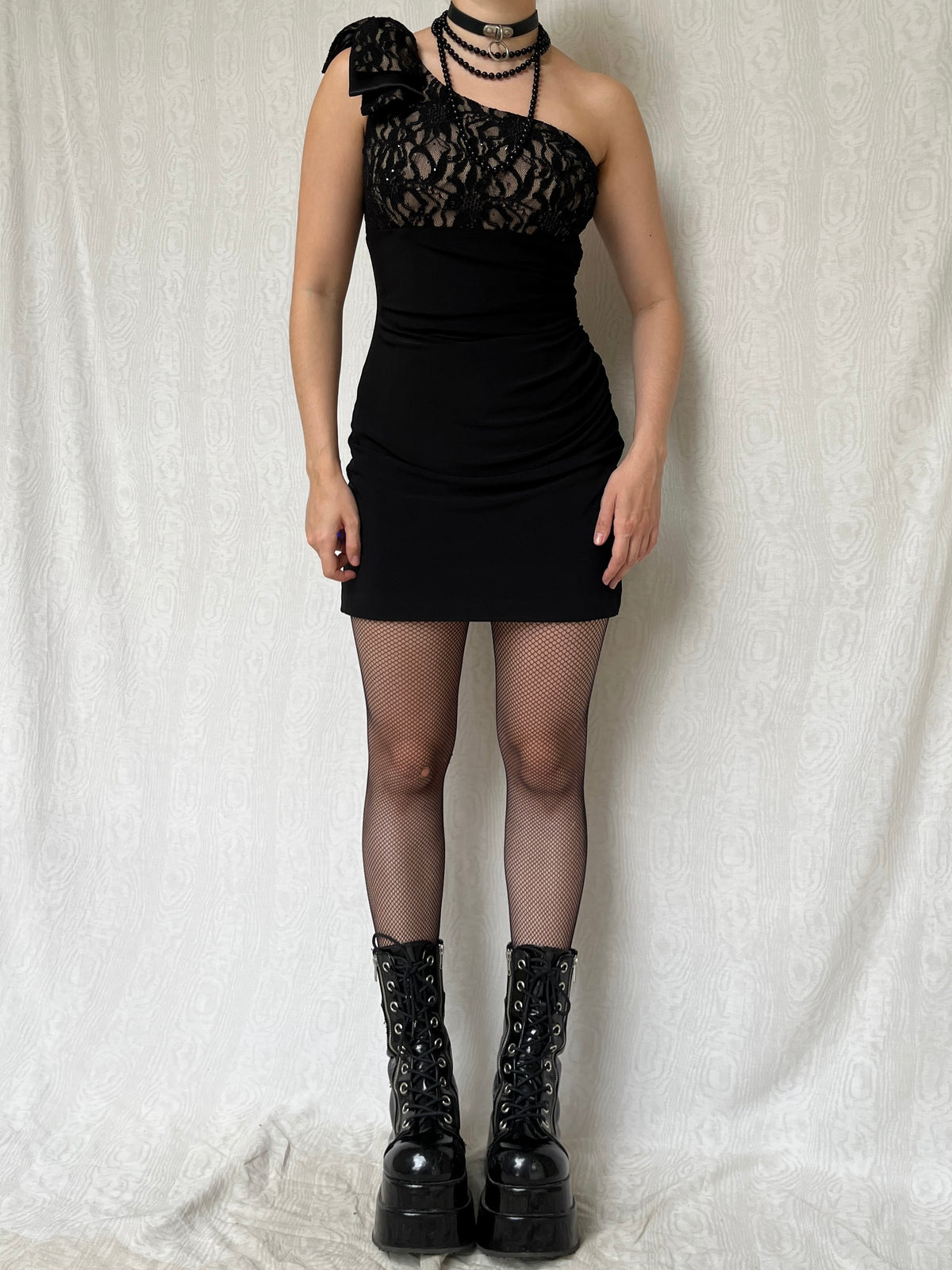 Vintage 00s Formal Romantic Goth Mini Dress w Lace Bust (M)