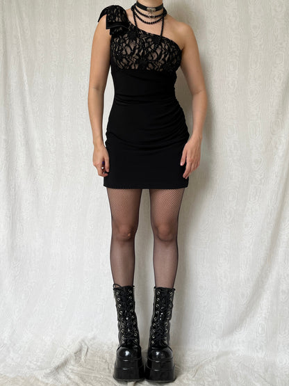 Vintage 00s Formal Romantic Goth Mini Dress w Lace Bust (M)