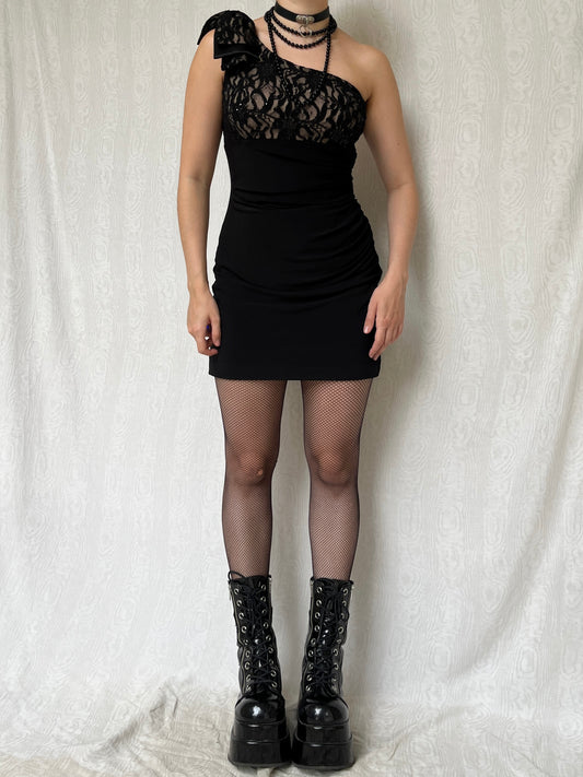 Vintage 00s Formal Romantic Goth Mini Dress w Lace Bust (M)