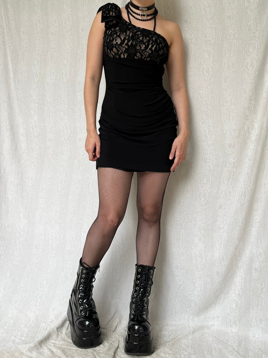Vintage 00s Formal Romantic Goth Mini Dress w Lace Bust (M)