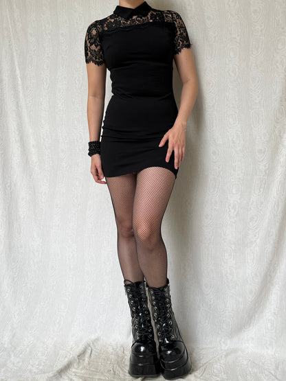 Vintage 00s Gothic Preppy Black Lace Collar Mini Dress (S)