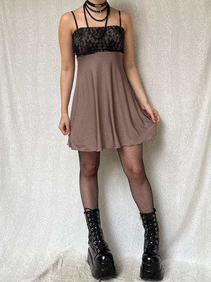 Vintage 00s Romantic Goth Mini Babydoll Dress w Lace Bust (S/M)