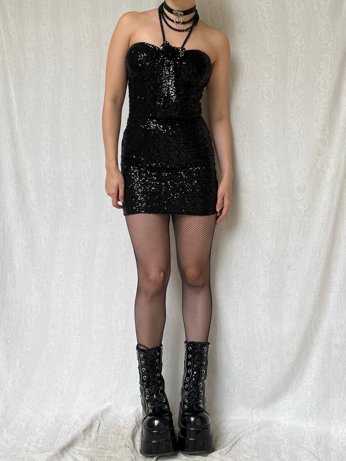 Vintage 00s Sleaze Clubwear Black Sequin Strapless Mini Dress (S)
