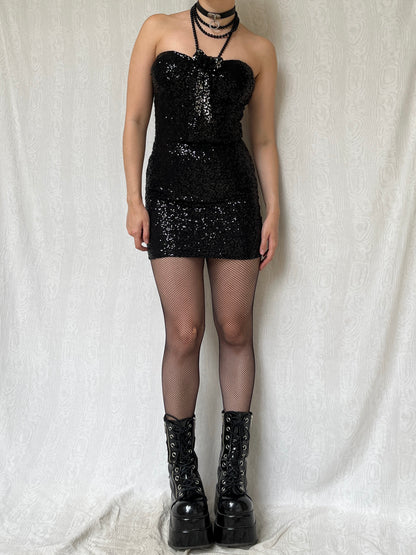 Vintage 00s Sleaze Clubwear Black Sequin Strapless Mini Dress (S)