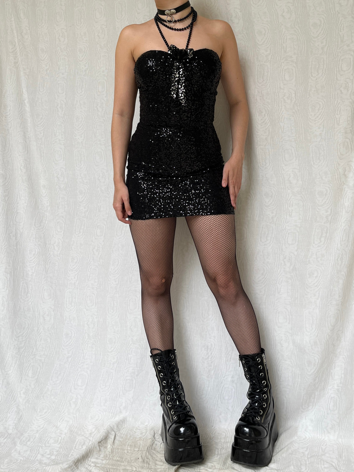 Vintage 00s Sleaze Clubwear Black Sequin Strapless Mini Dress (S)