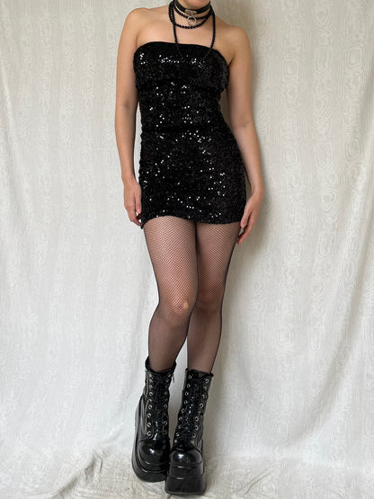 Vintage 00s Sleaze Clubwear Black Sequin Mini Dress (S)
