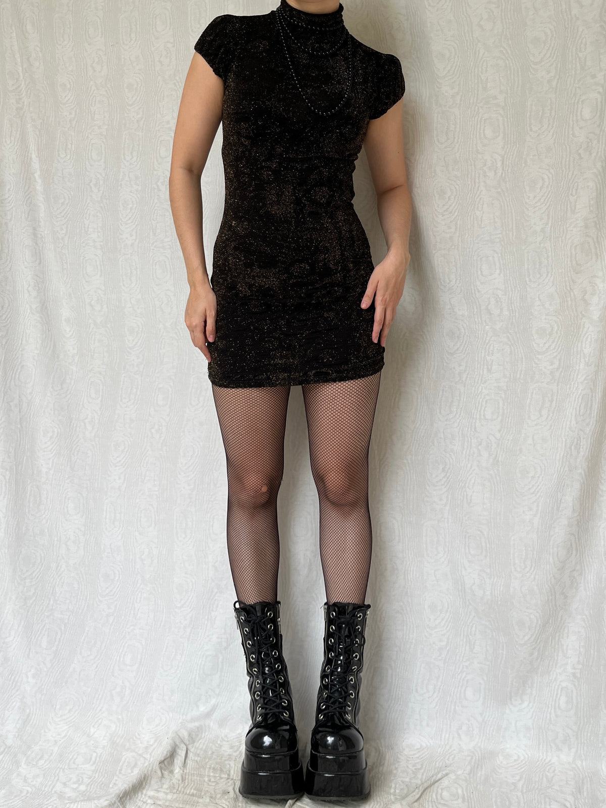 Vintage 00s Clubwear Black Gold Glittery Mini Dress (S/M)