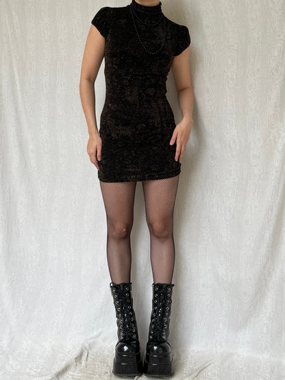 Vintage 00s Clubwear Black Gold Glittery Mini Dress (S/M)