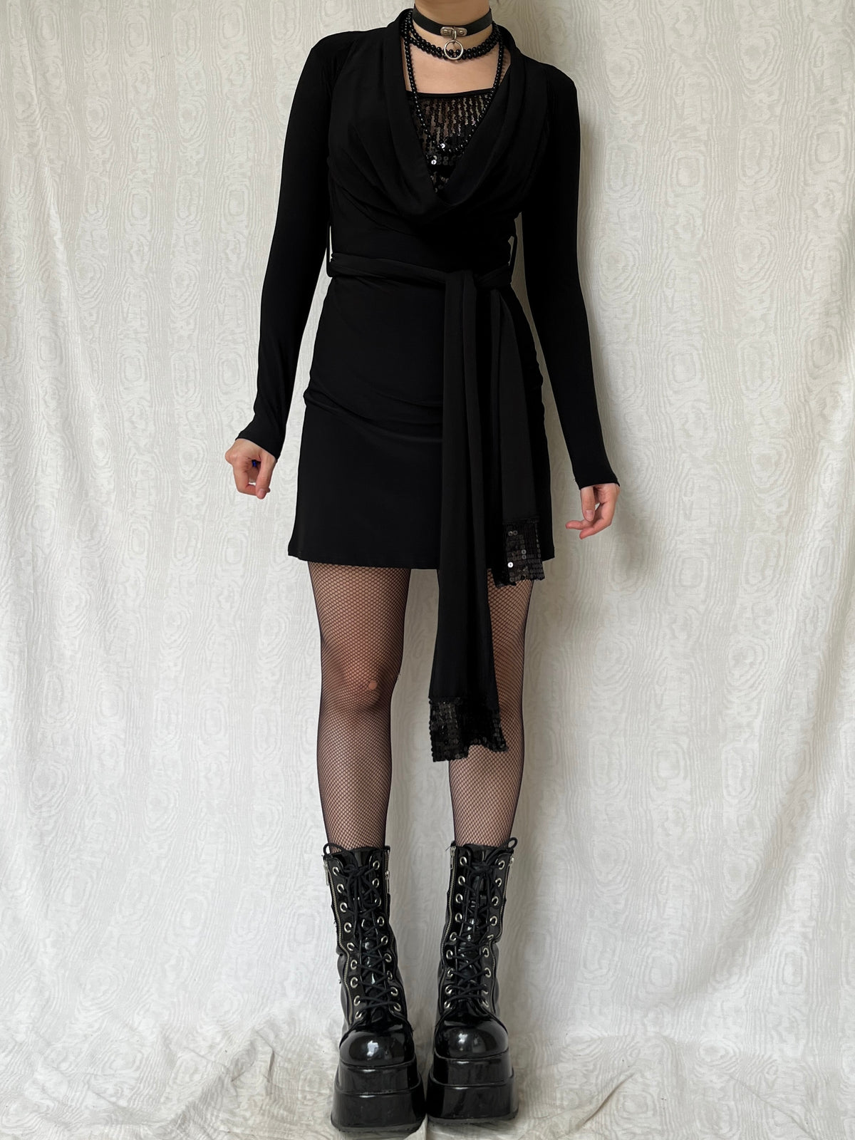 Vintage 00s Clubwear Black Long Sleeve Dress w Sequin Underlay (S)