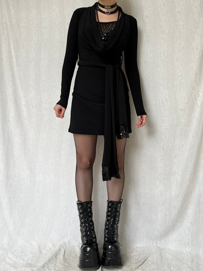 Vintage 00s Clubwear Black Long Sleeve Dress w Sequin Underlay (S)