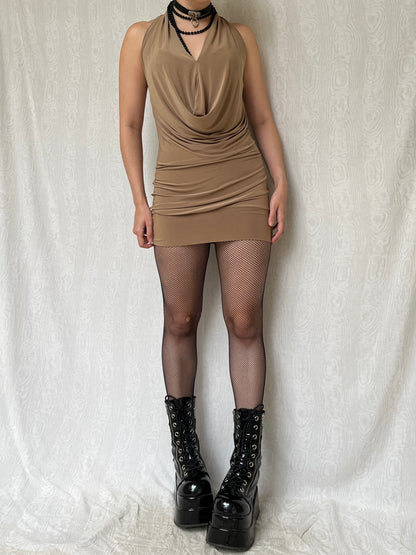 Vintage 00s Deadstock Clubwear Nude Halter Mini Dress (S)