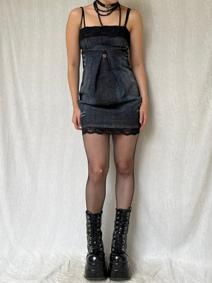 Vintage 00s Sleaze Denim Balloon Mini Dress (S)