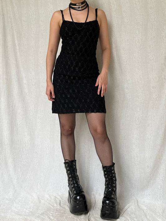 Vintage 00s Romantic Glittery Fishnet Black Dress (S)
