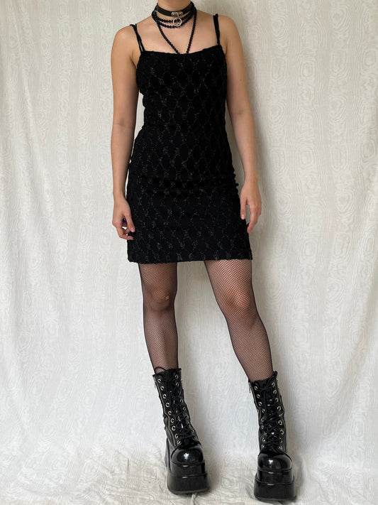 Vintage 00s Romantic Glittery Fishnet Black Dress (S)