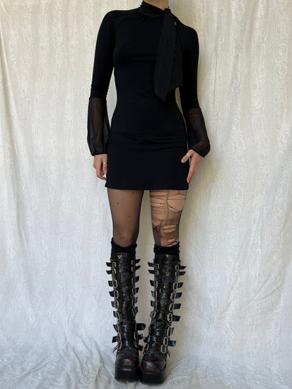 Vintage 00s Gothic Black Bell Sleeve Mini Dress (S/M)
