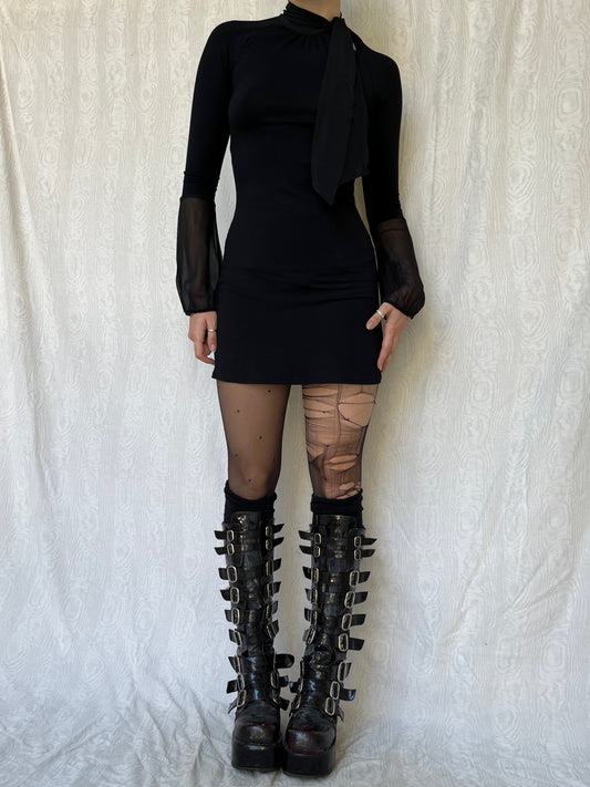 Vintage 00s Gothic Black Bell Sleeve Mini Dress (S/M)
