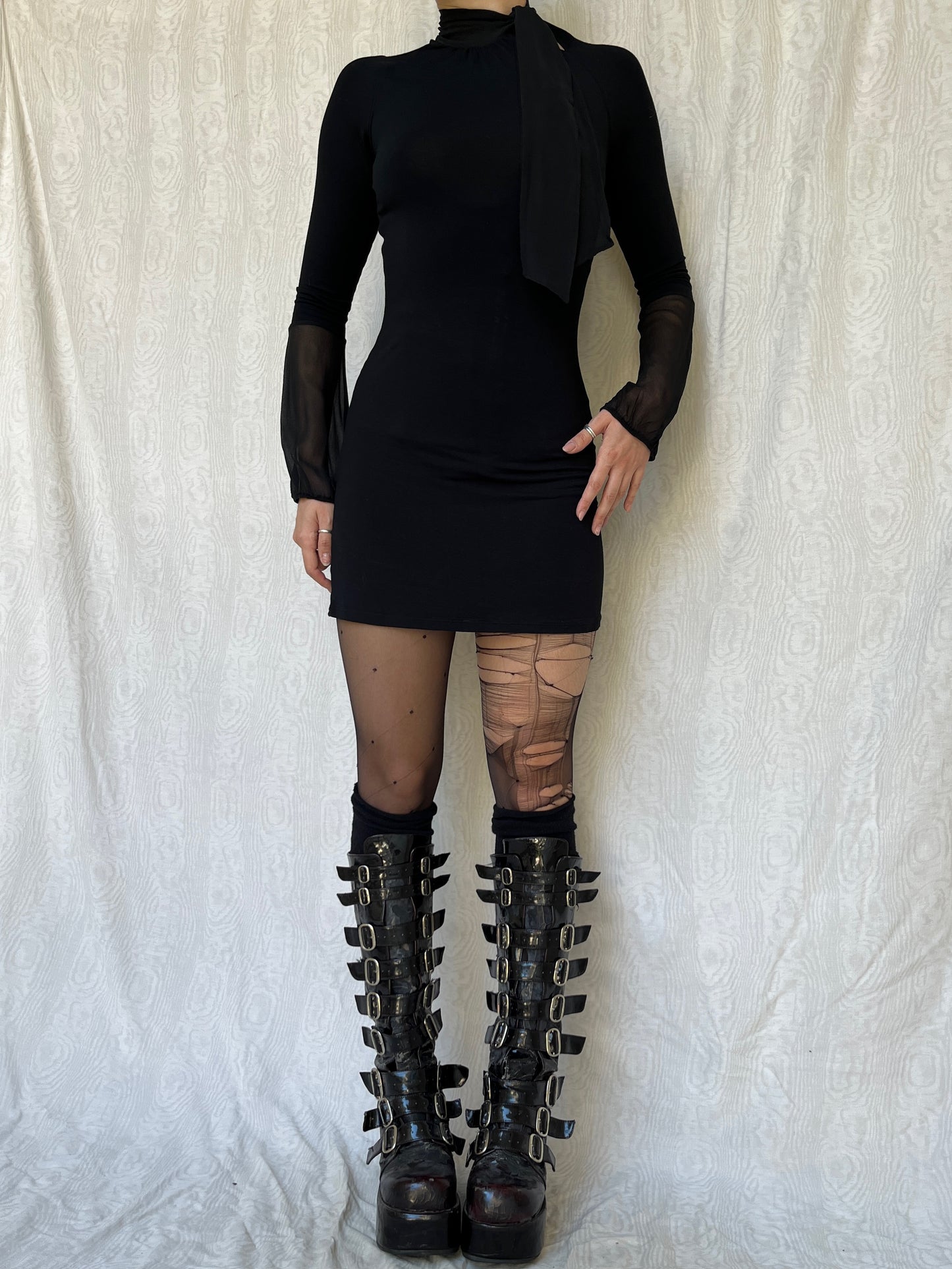 Vintage 00s Gothic Black Bell Sleeve Mini Dress (S/M)