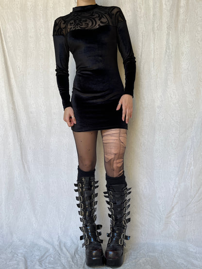 Vintage 00s Gothic Black Velvet Mini Dress (XS/S)