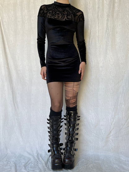 Vintage 00s Gothic Black Velvet Mini Dress (XS/S)
