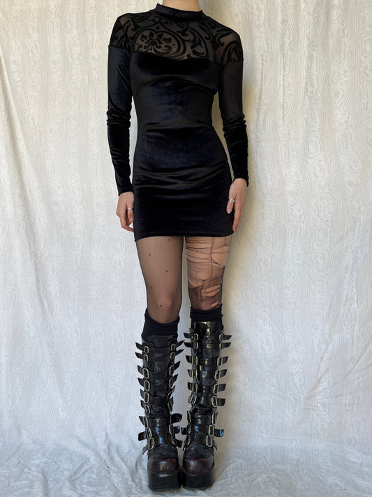 Vintage 00s Gothic Black Velvet Mini Dress (XS/S)