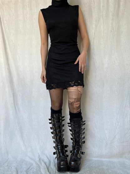 Vintage 00s Gothic Lace Trim Black Mini Dress (M/L)