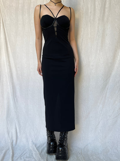 Vintage 00s Gothic Prom Black Maxi Dress (S)