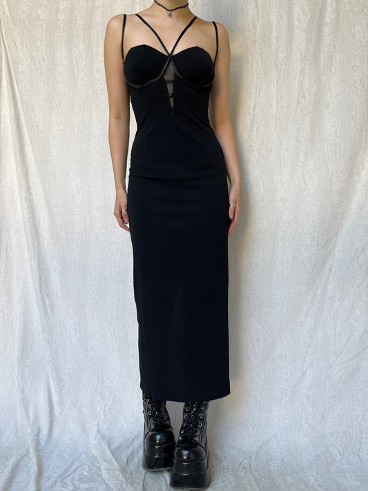 Vintage 00s Gothic Prom Black Maxi Dress (S)