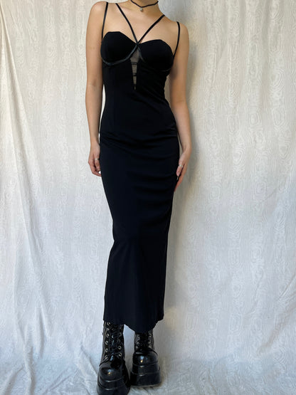 Vintage 00s Gothic Prom Black Maxi Dress (S)